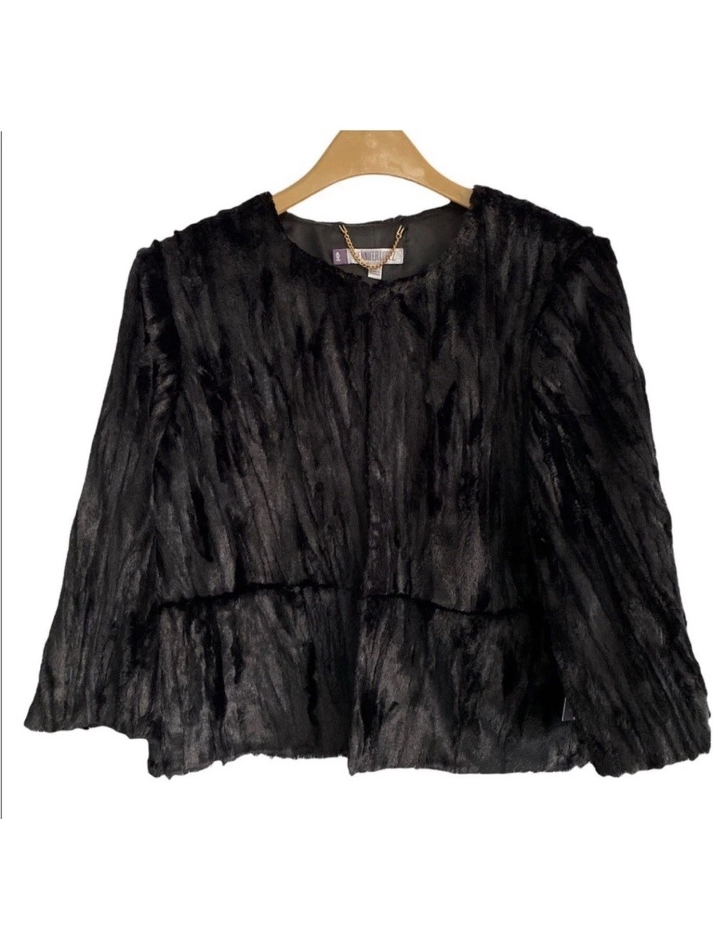 BRAND NEW JoLo Jennifer Lopez black faux fur cropped jacket coat LARGE MSRP $100
